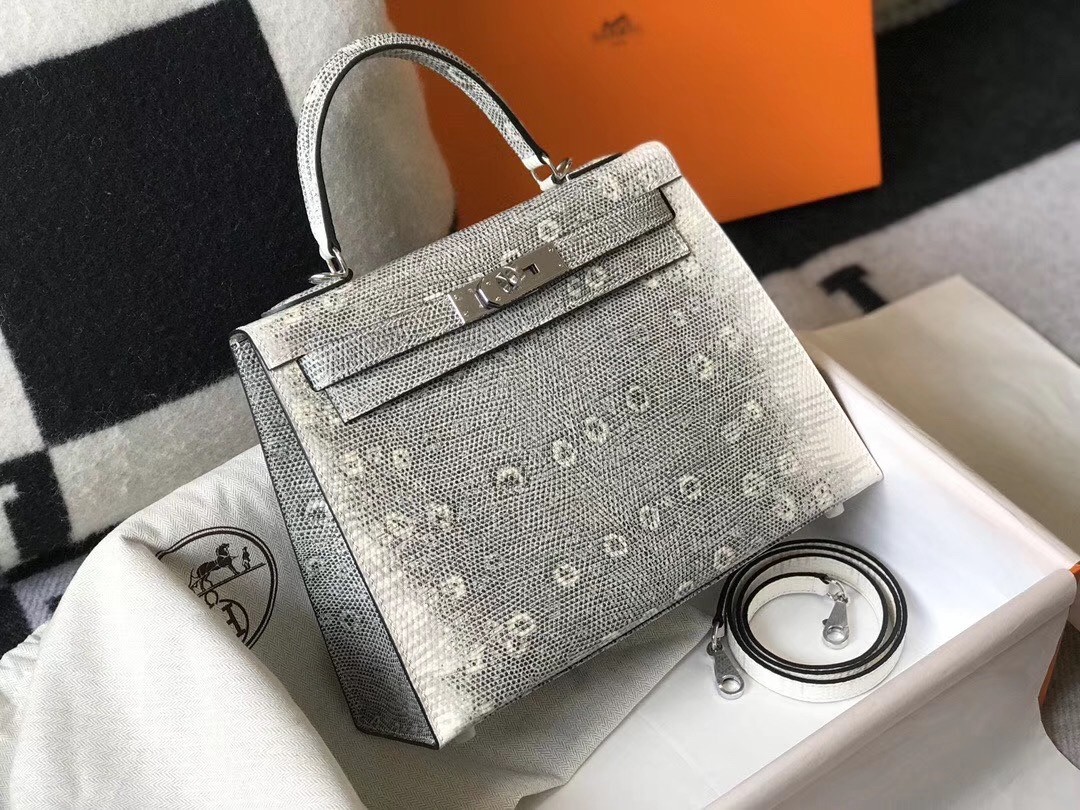 Hermes Kelly 28cm Bag In Ombre Embossed Natural Lizard