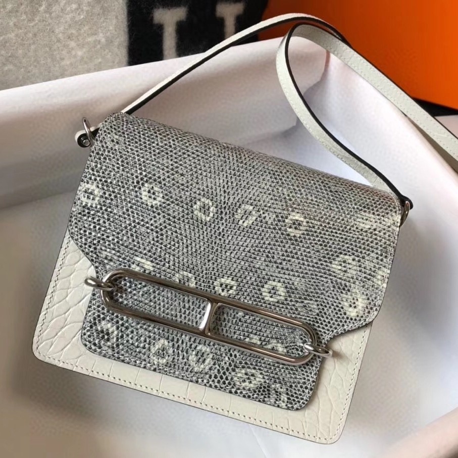 Hermes Roulis Mini Bag In White Crocodile With Natural Lizard