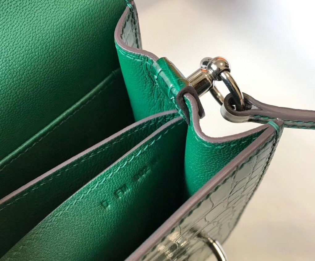 Hermes Roulis Mini Bag In Green Crocodile With Natural Lizard