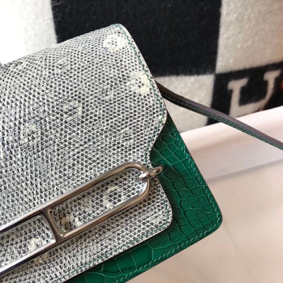 Hermes Roulis Mini Bag In Green Crocodile With Natural Lizard