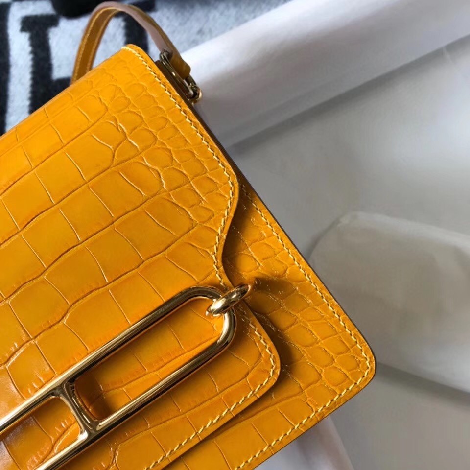 Hermes Roulis Mini Bag In Yellow Embossed Crocodile Calfskin