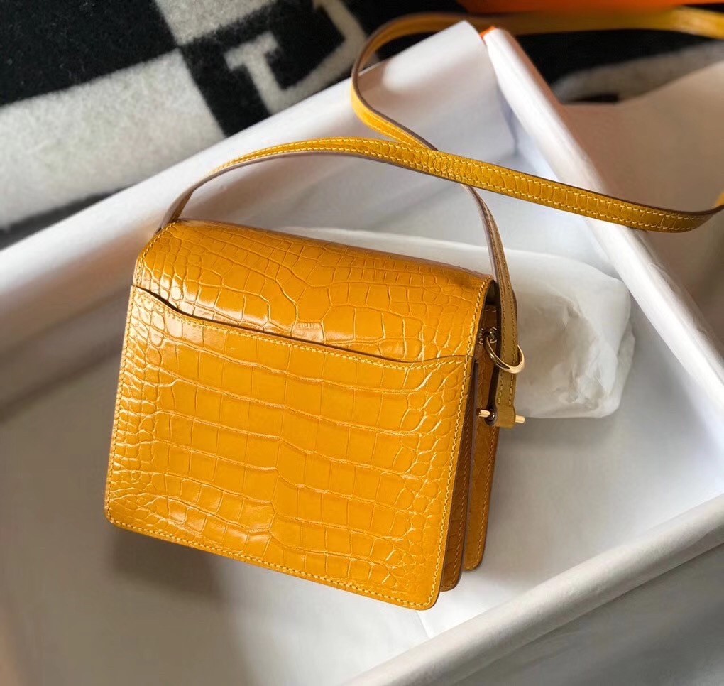 Hermes Roulis Mini Bag In Yellow Embossed Crocodile Calfskin