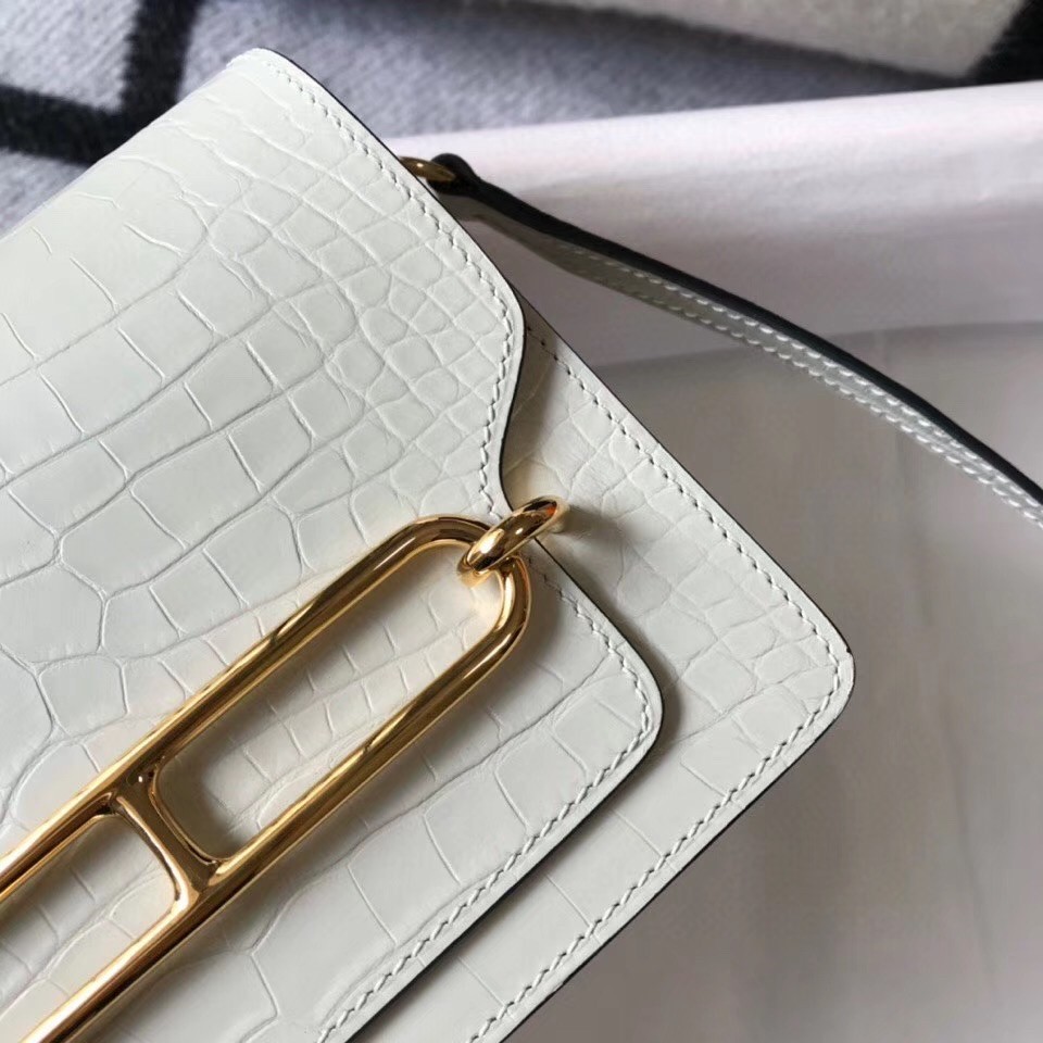 Hermes Roulis Mini Bag In White Embossed Crocodile Calfskin