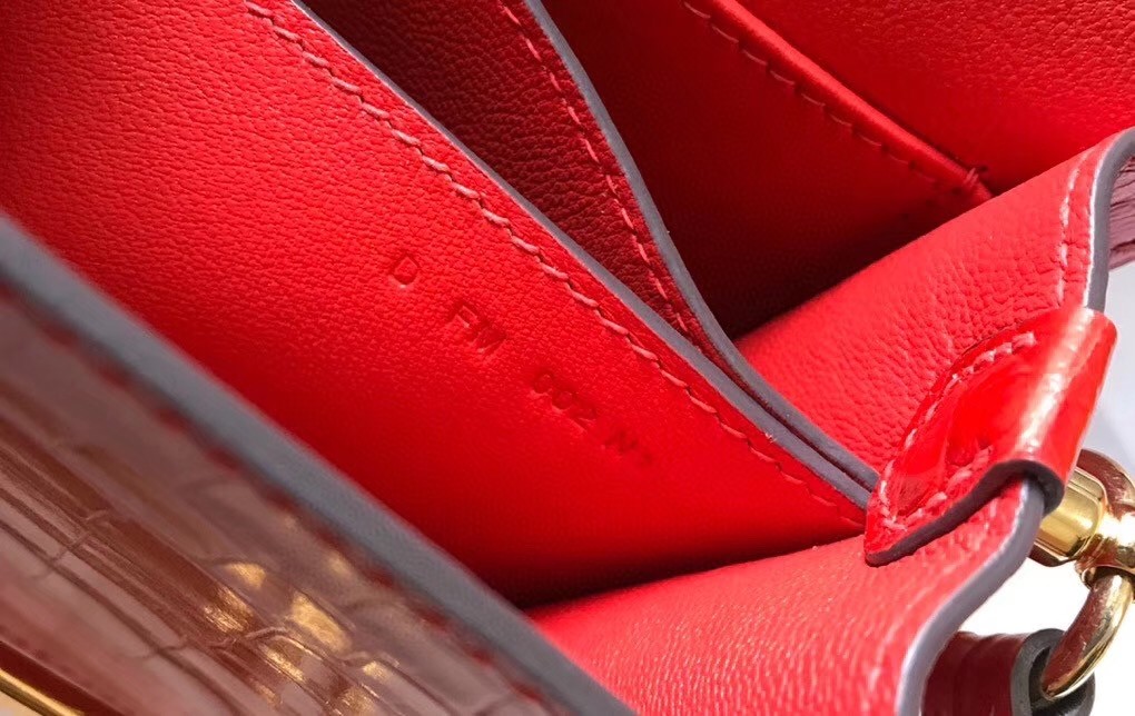 Hermes Roulis Mini Bag In Red Embossed Crocodile Calfskin