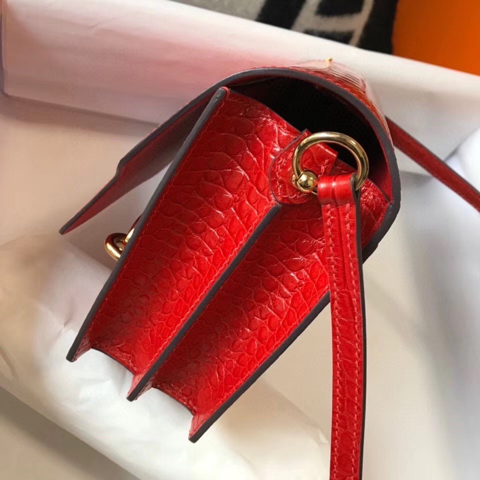 Hermes Roulis Mini Bag In Red Embossed Crocodile Calfskin