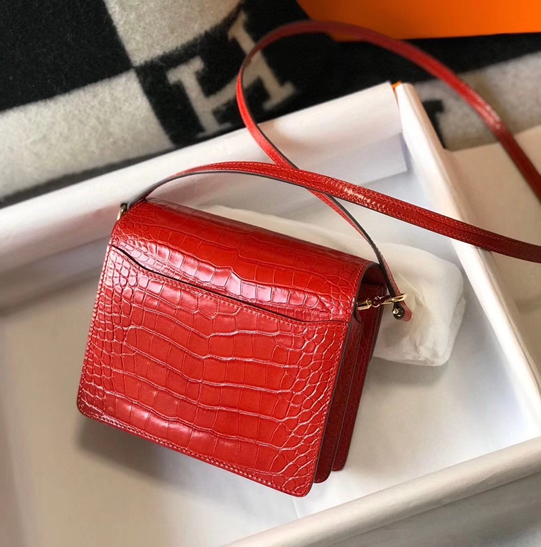 Hermes Roulis Mini Bag In Red Embossed Crocodile Calfskin