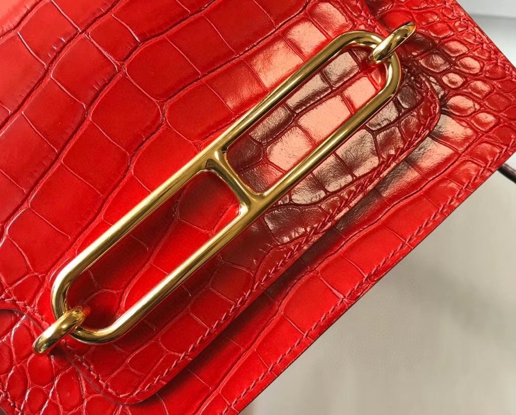 Hermes Roulis Mini Bag In Red Embossed Crocodile Calfskin