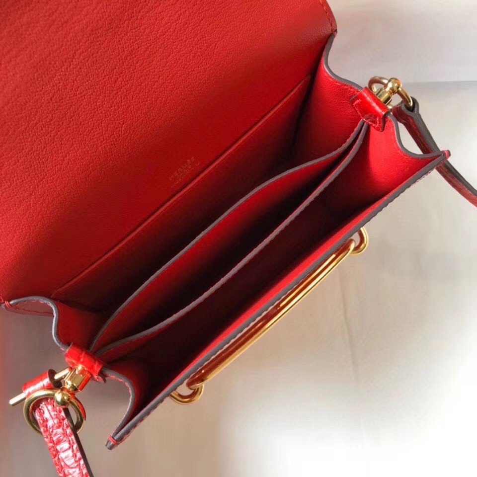 Hermes Roulis Mini Bag In Red Embossed Crocodile Calfskin