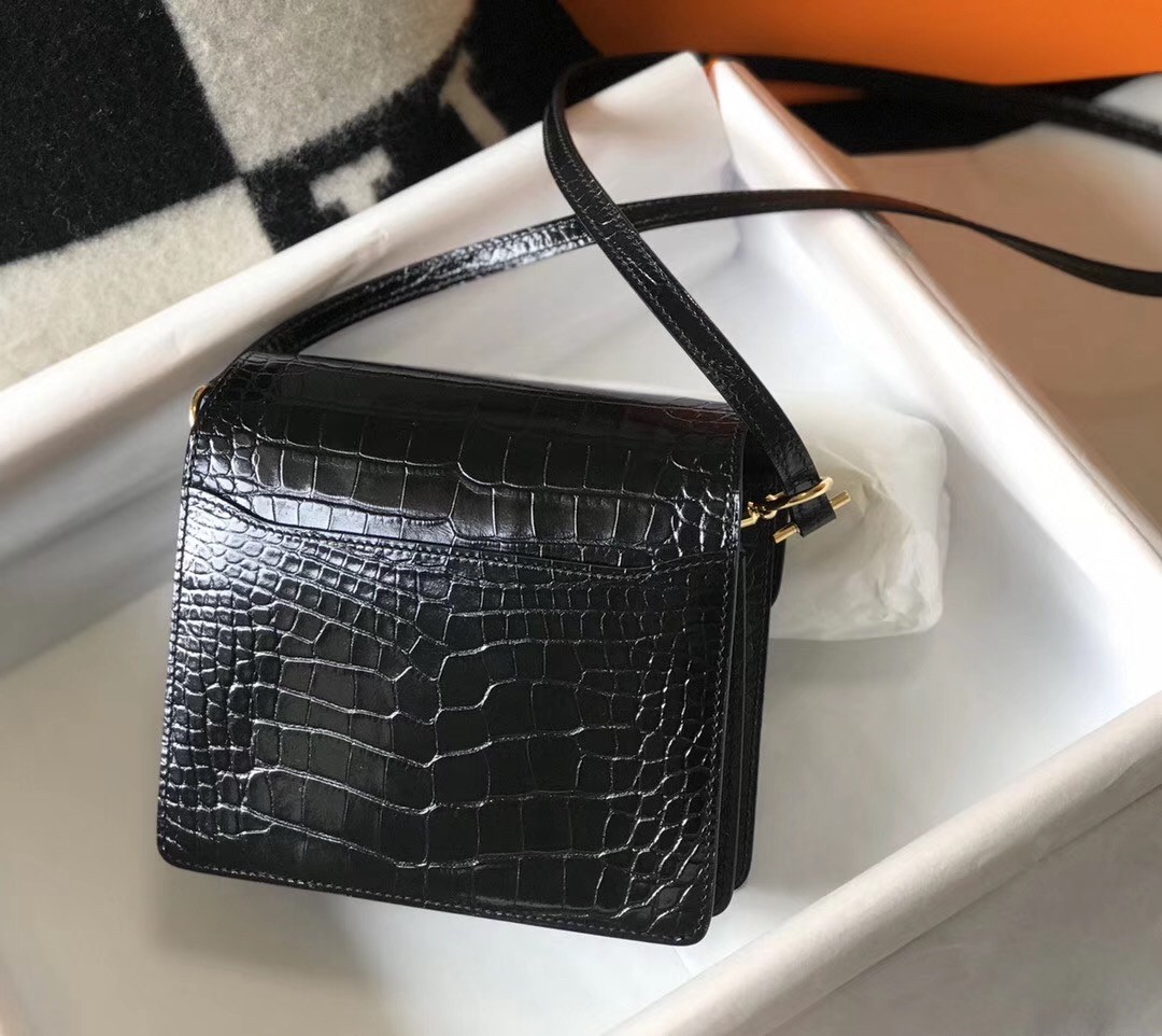 Hermes Roulis Mini Bag In Black Embossed Crocodile Calfskin