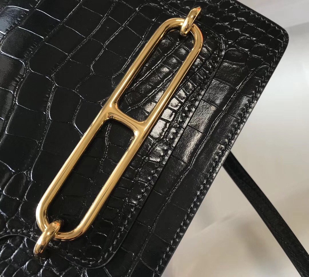 Hermes Roulis Mini Bag In Black Embossed Crocodile Calfskin