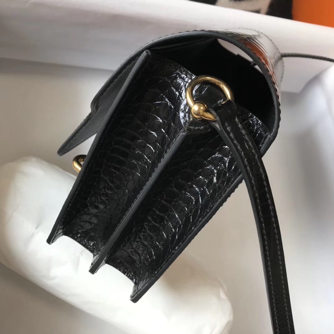 Hermes Roulis Mini Bag In Black Embossed Crocodile Calfskin