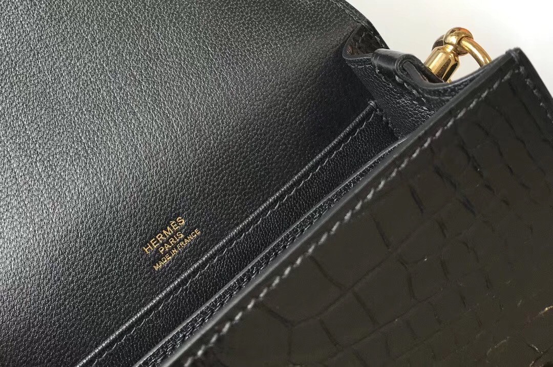 Hermes Roulis Mini Bag In Black Embossed Crocodile Calfskin