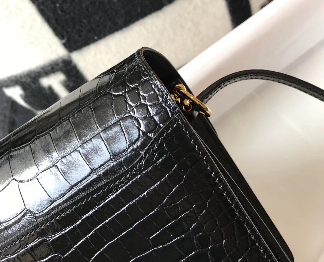 Hermes Roulis Mini Bag In Black Embossed Crocodile Calfskin