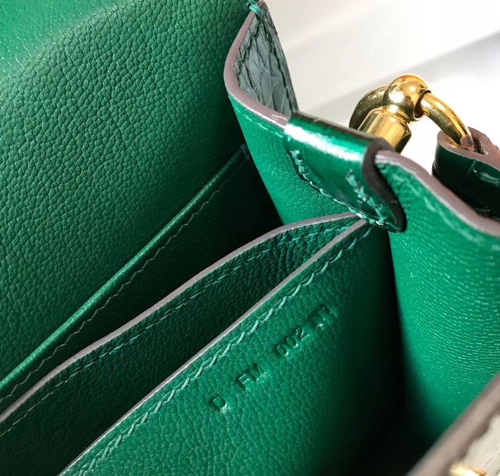 Hermes Roulis Mini Bag In Green Embossed Crocodile Calfskin