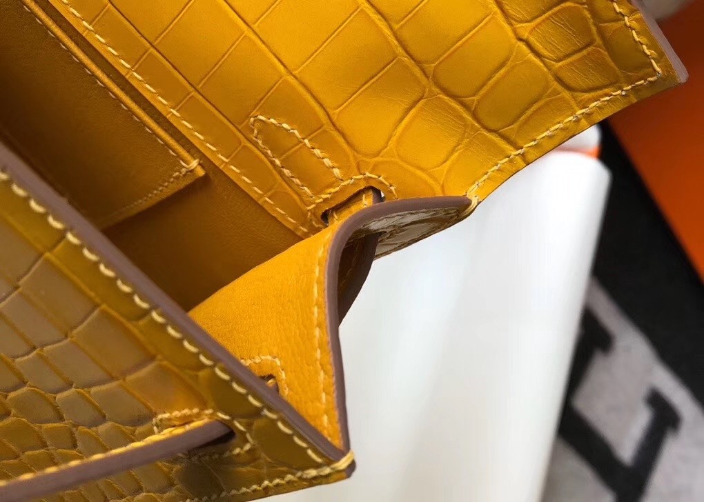 Hermes Kelly Pochette Bag In Yellow Embossed Crocodile Leather