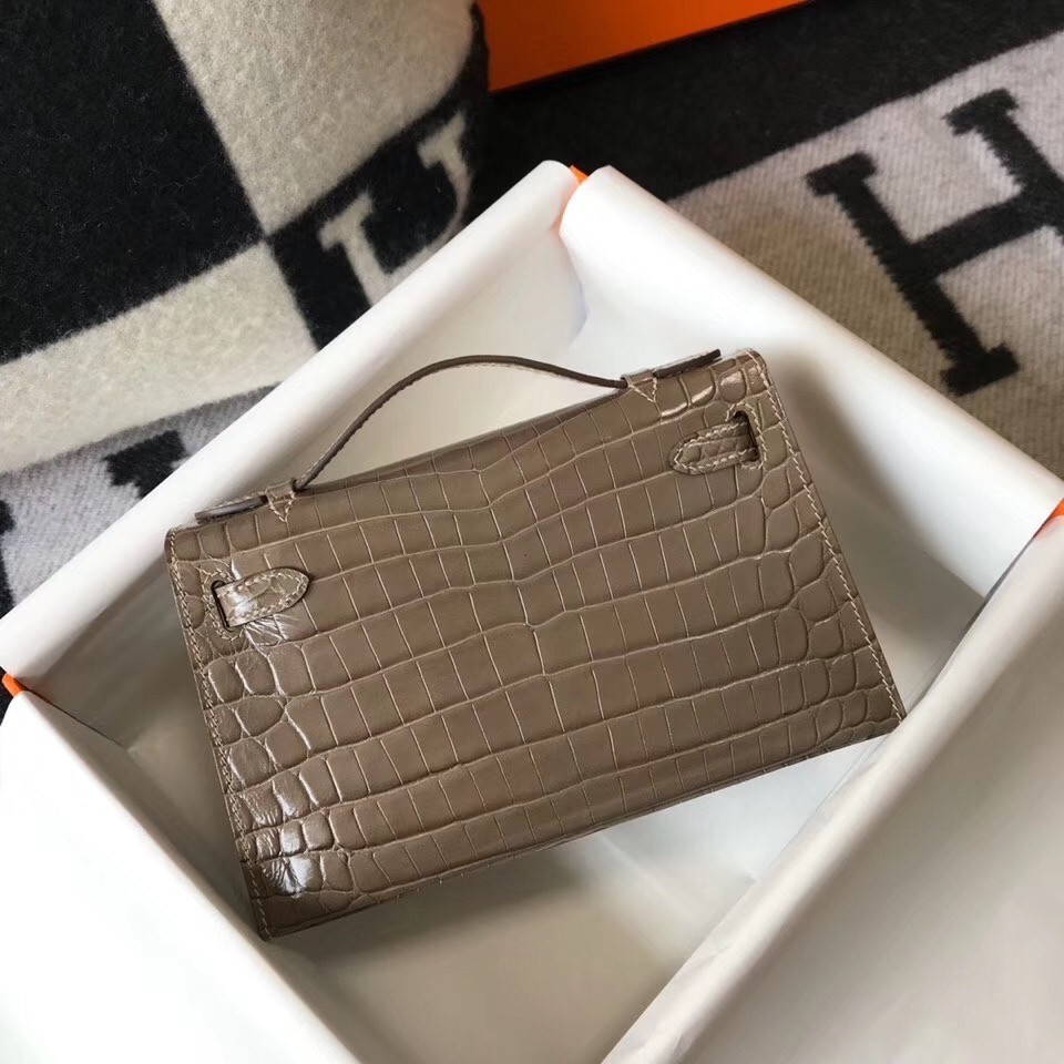 Hermes Kelly Pochette Bag In Taupe Embossed Crocodile Leather