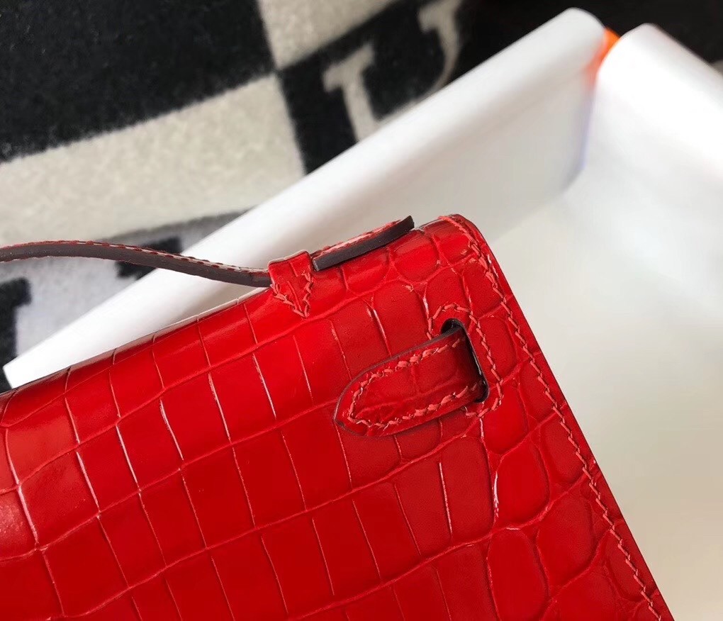 Hermes Kelly Pochette Bag In Red Embossed Crocodile Leather