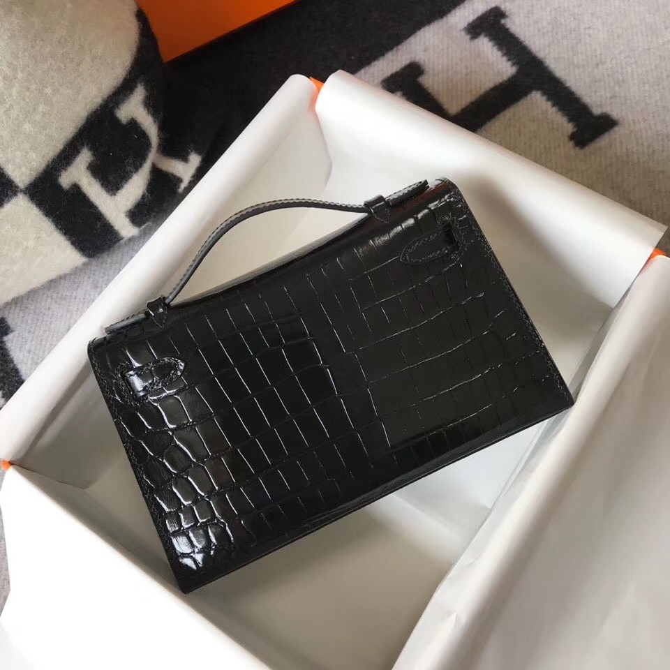 Hermes Kelly Pochette Bag In Black Embossed Crocodile Leather