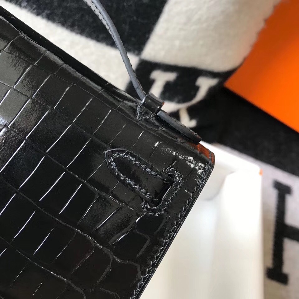 Hermes Kelly Pochette Bag In Black Embossed Crocodile Leather