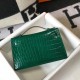 Hermes Kelly Pochette Bag In Green Embossed Crocodile Leather