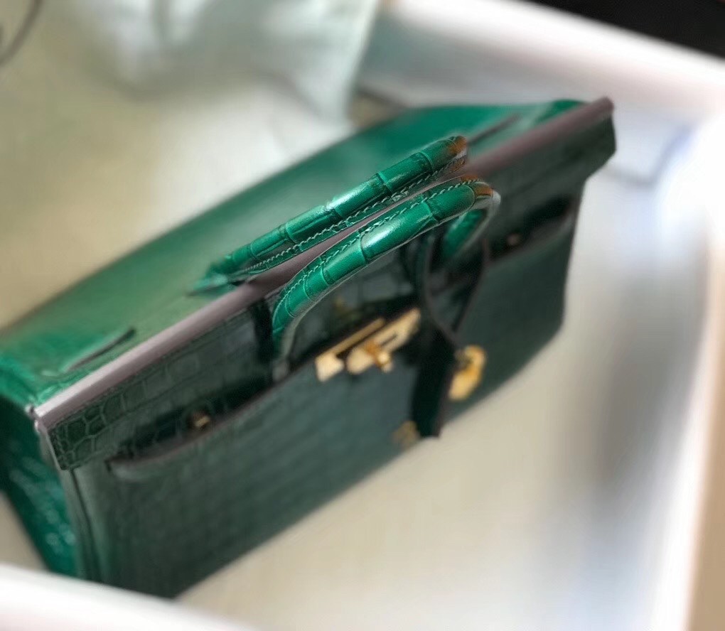 Hermes Birkin 25cm Bag In Green Embossed Crocodile Leather