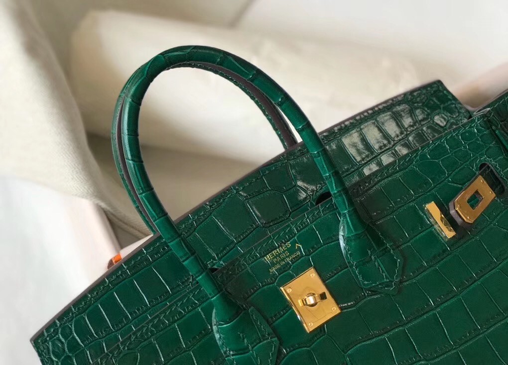 Hermes Birkin 25cm Bag In Green Embossed Crocodile Leather