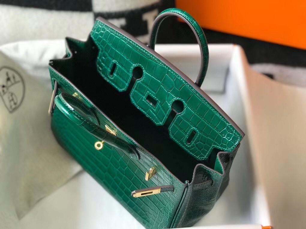 Hermes Birkin 25cm Bag In Green Embossed Crocodile Leather