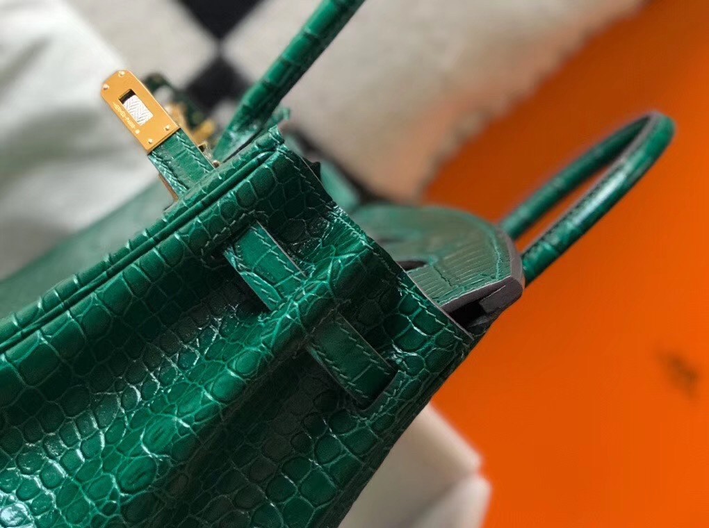 Hermes Birkin 25cm Bag In Green Embossed Crocodile Leather