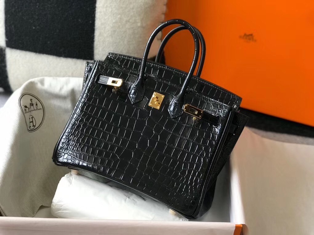 Hermes Birkin 25cm Bag In Black Embossed Crocodile Leather