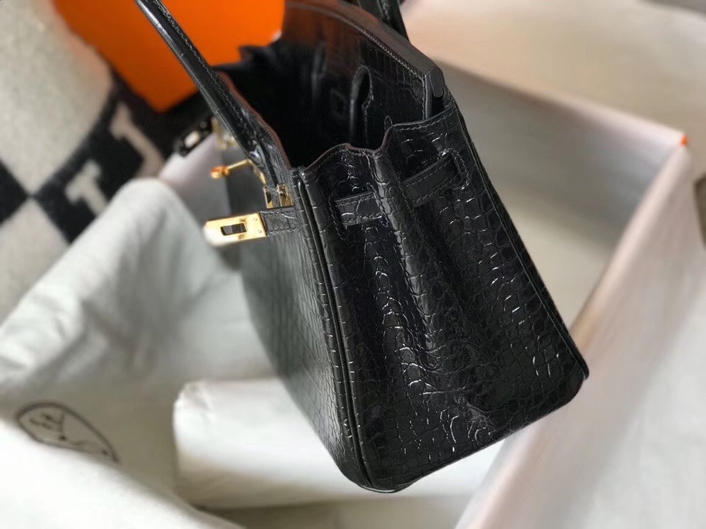 Hermes Birkin 25cm Bag In Black Embossed Crocodile Leather