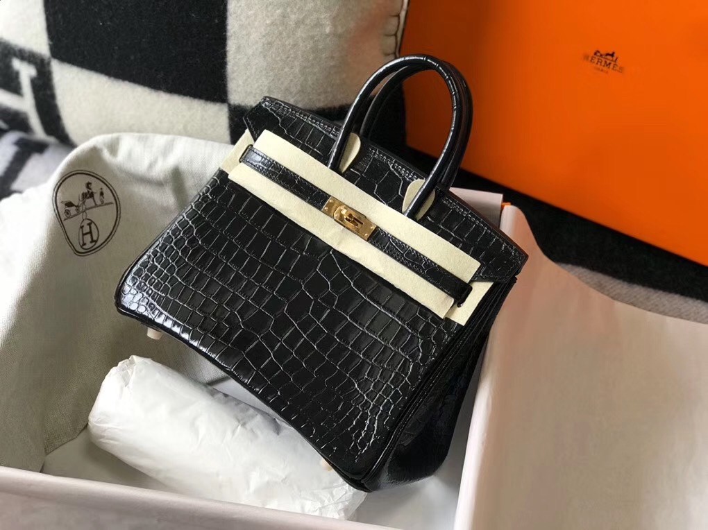 Hermes Birkin 25cm Bag In Black Embossed Crocodile Leather