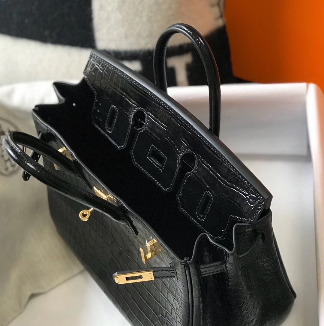 Hermes Birkin 25cm Bag In Black Embossed Crocodile Leather