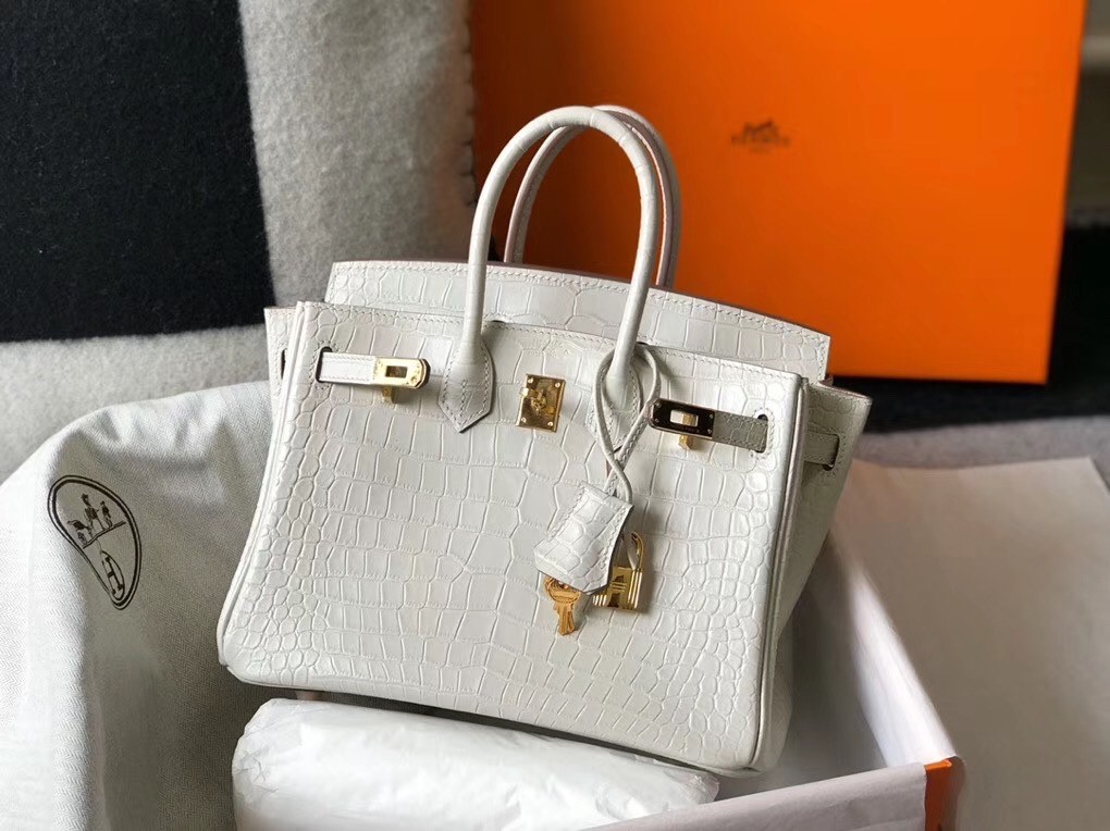 Hermes Birkin 25cm Bag In White Embossed Crocodile Leather