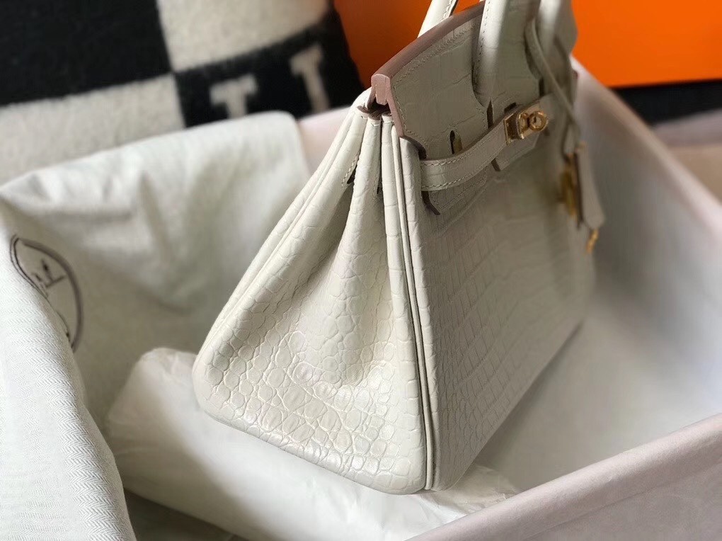 Hermes Birkin 25cm Bag In White Embossed Crocodile Leather