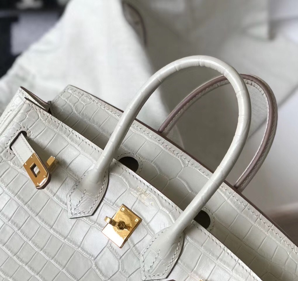 Hermes Birkin 25cm Bag In White Embossed Crocodile Leather