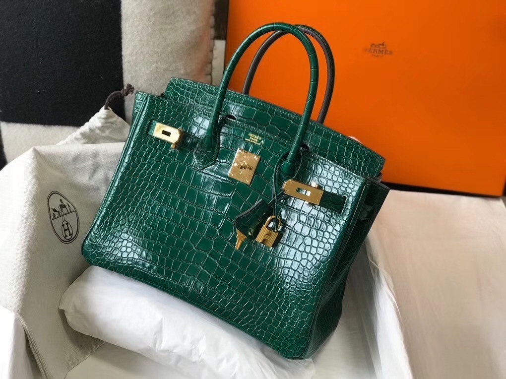 Hermes Birkin 30cm Bag In Green Embossed Crocodile Leather