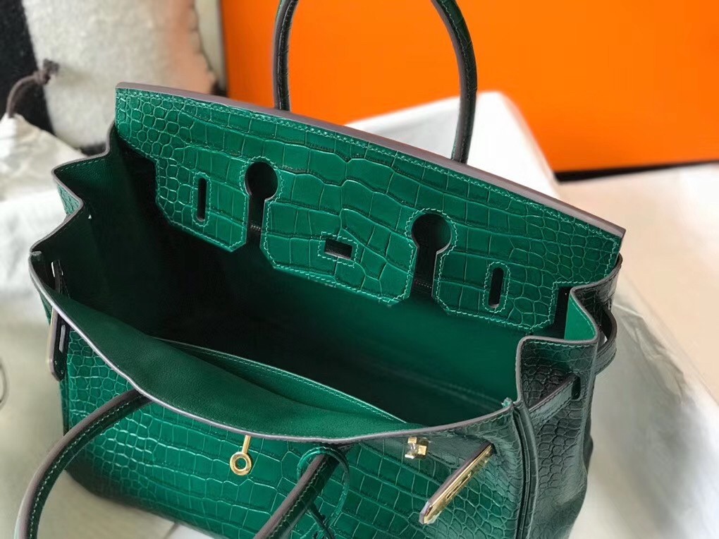 Hermes Birkin 30cm Bag In Green Embossed Crocodile Leather