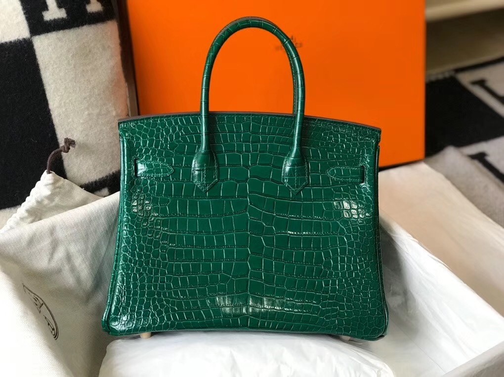 Hermes Birkin 30cm Bag In Green Embossed Crocodile Leather