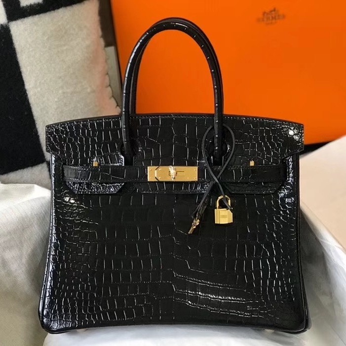 Hermes Birkin 30cm Bag In Black Embossed Crocodile Leather