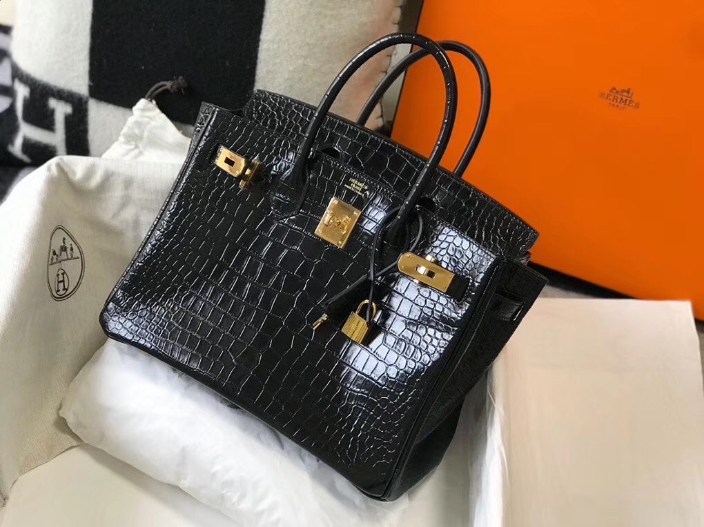 Hermes Birkin 30cm Bag In Black Embossed Crocodile Leather