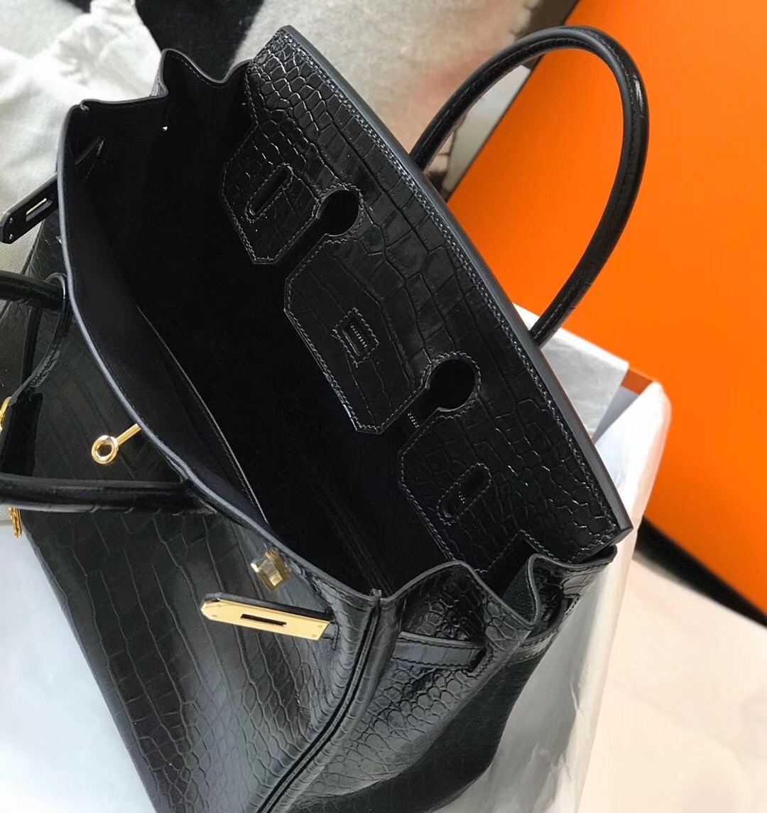 Hermes Birkin 30cm Bag In Black Embossed Crocodile Leather