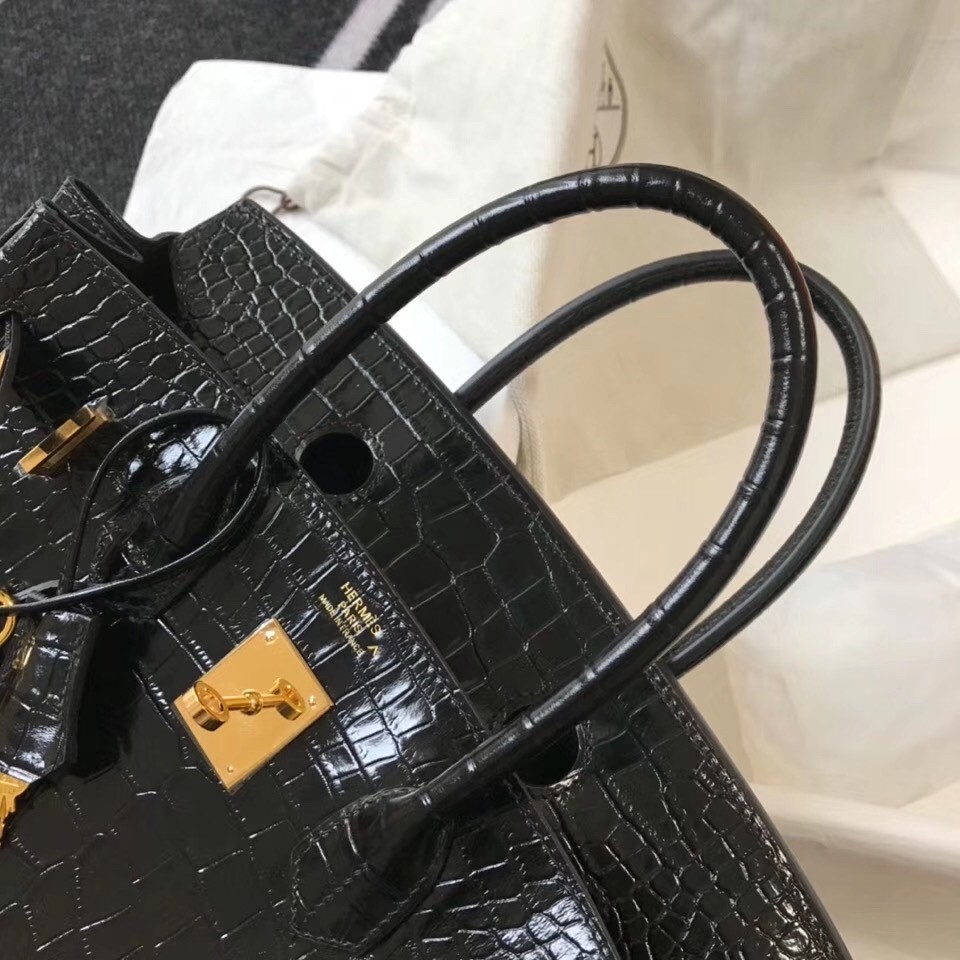 Hermes Birkin 30cm Bag In Black Embossed Crocodile Leather