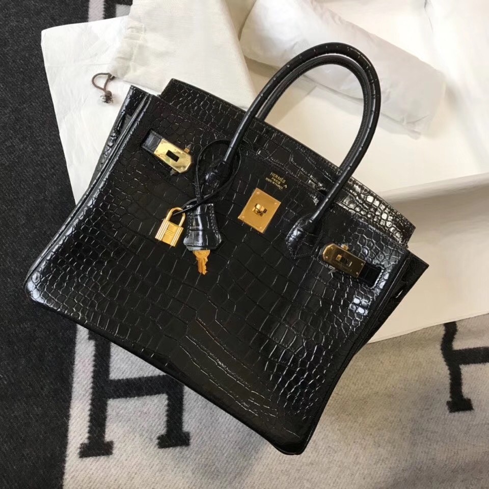 Hermes Birkin 30cm Bag In Black Embossed Crocodile Leather