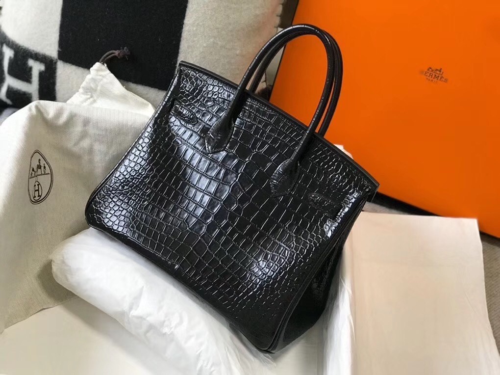 Hermes Birkin 30cm Bag In Black Embossed Crocodile Leather