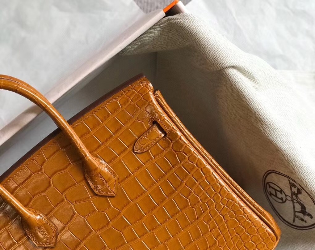 Hermes Birkin 25cm Bag In Gold Embossed Crocodile Leather