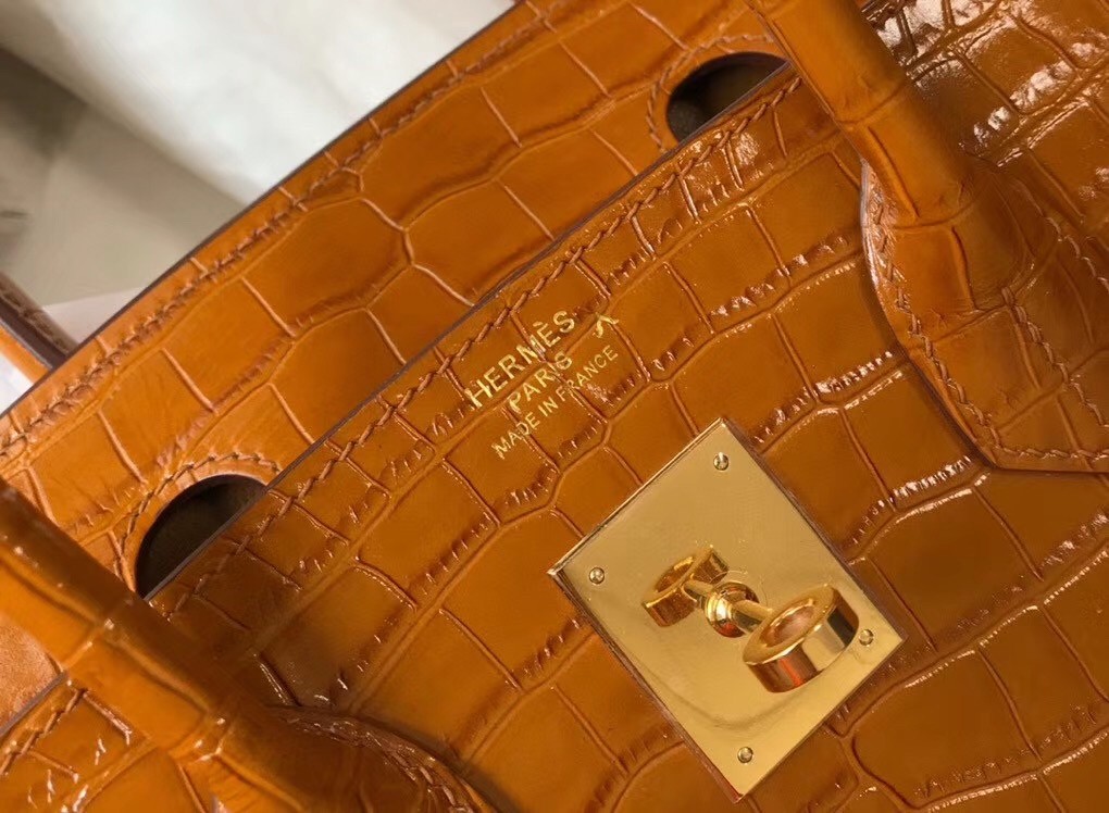 Hermes Birkin 25cm Bag In Gold Embossed Crocodile Leather