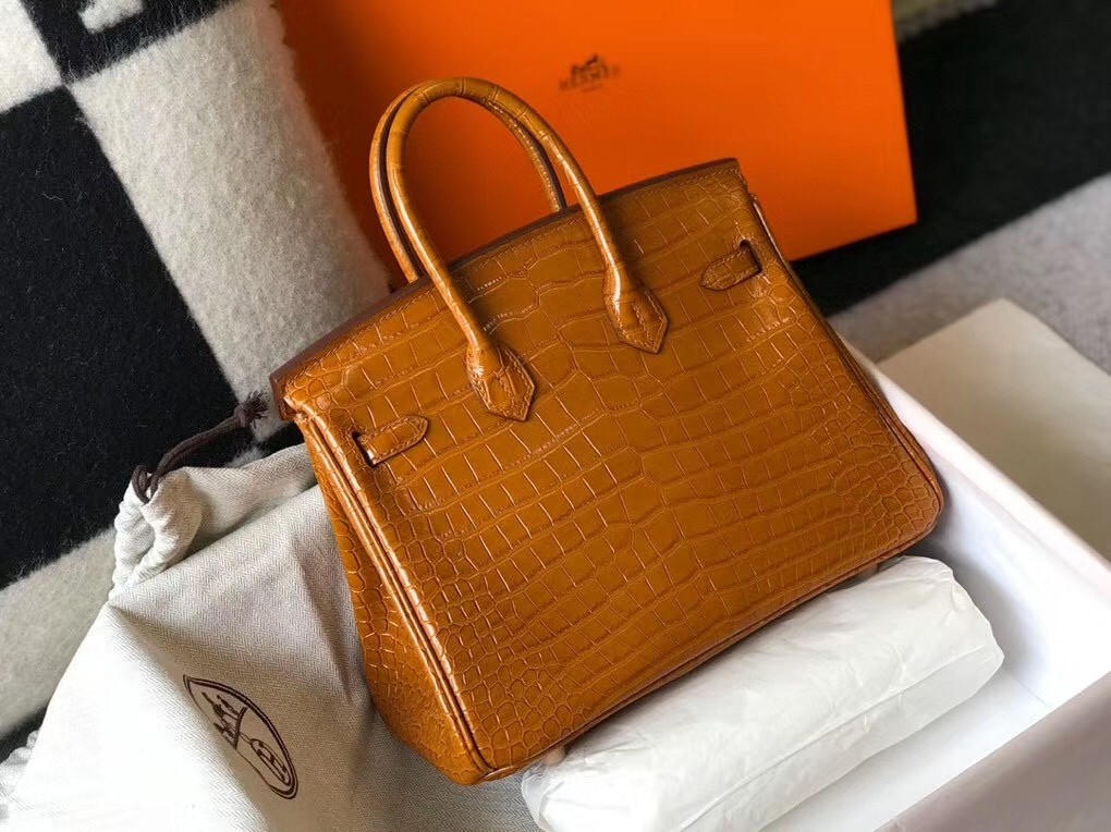 Hermes Birkin 25cm Bag In Gold Embossed Crocodile Leather