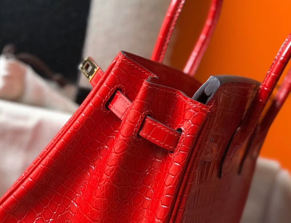 Hermes Birkin 25cm Bag In Red Embossed Crocodile Leather