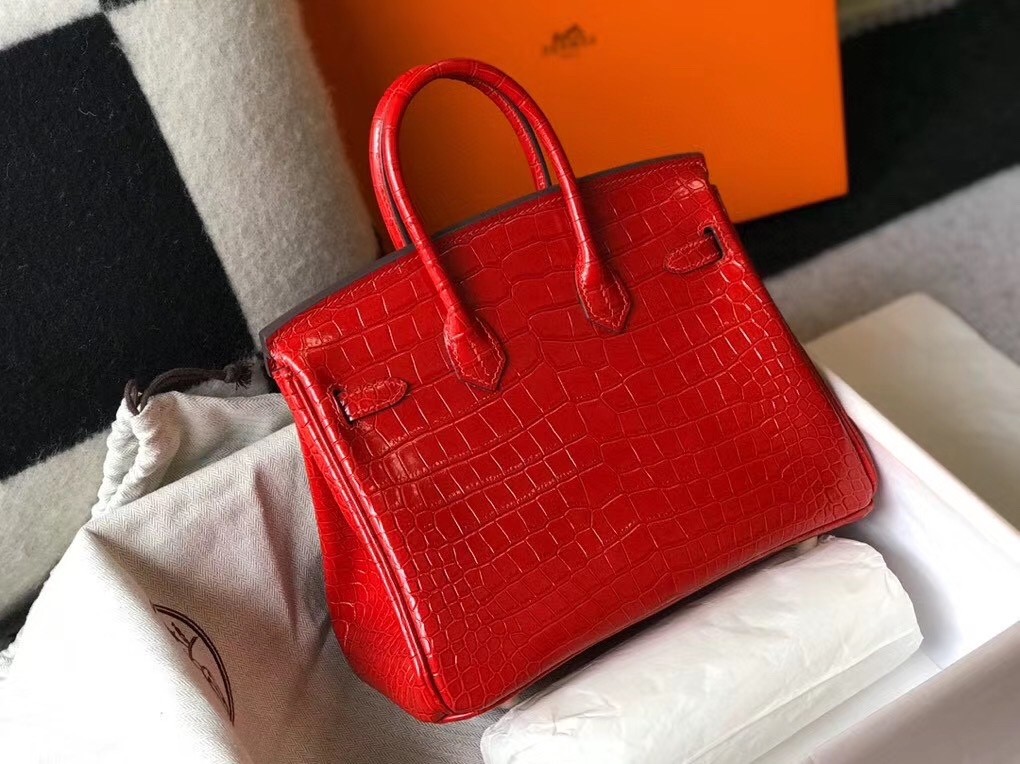 Hermes Birkin 25cm Bag In Red Embossed Crocodile Leather