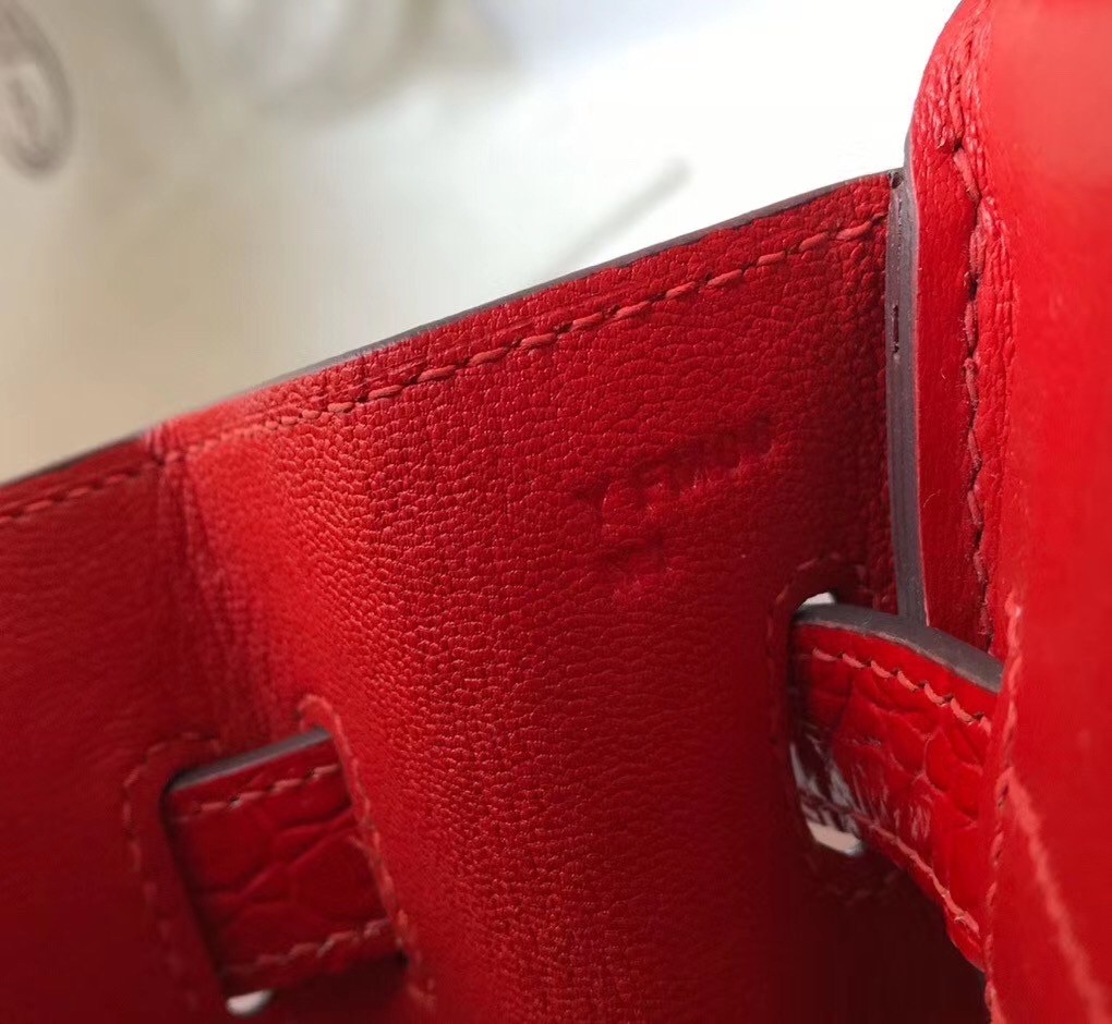 Hermes Birkin 25cm Bag In Red Embossed Crocodile Leather